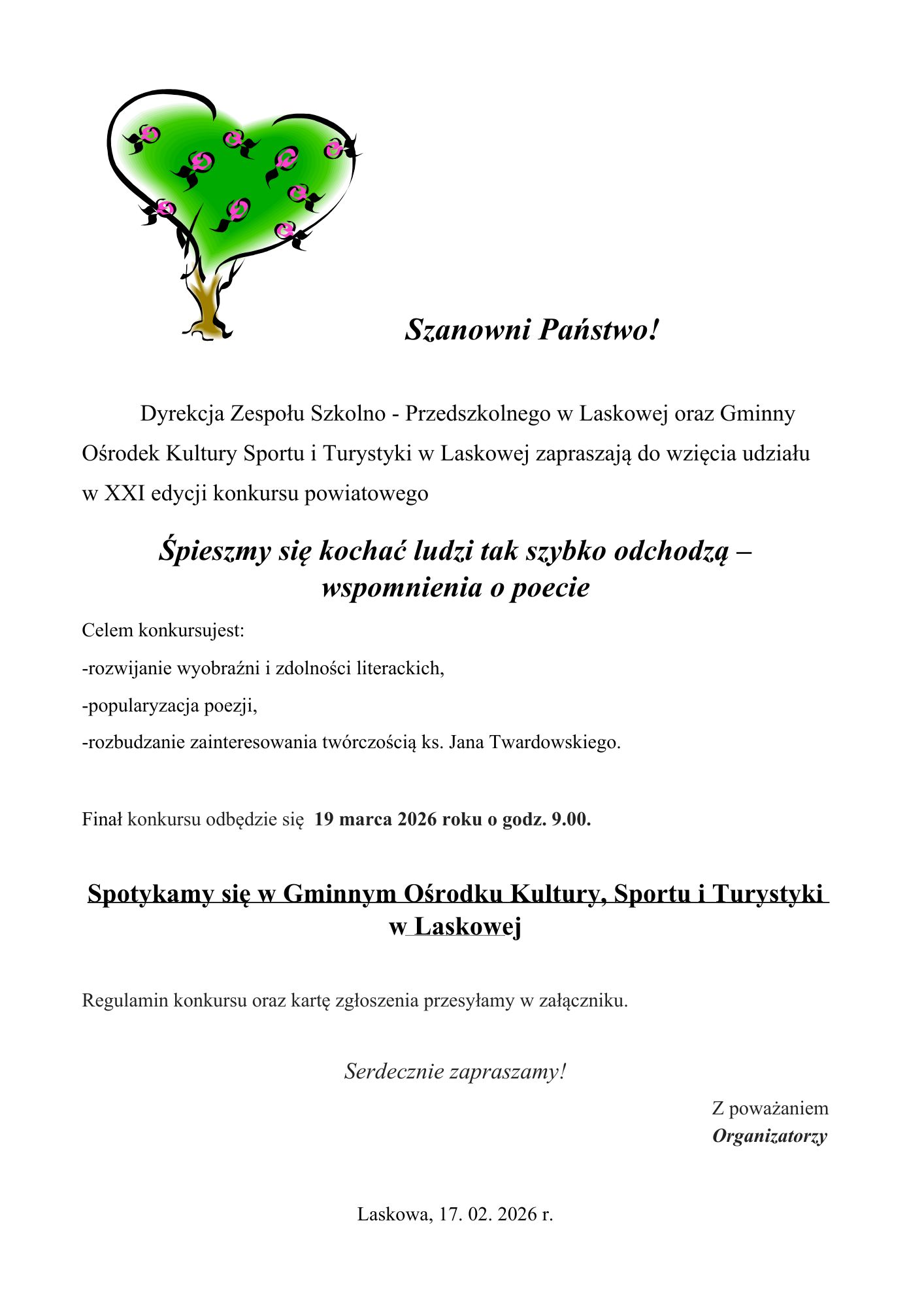 Zapisy na Powiatowy Konkurs Poezji ks. Jana Twardowskiego „Śpieszmy się kochać ludzi…”